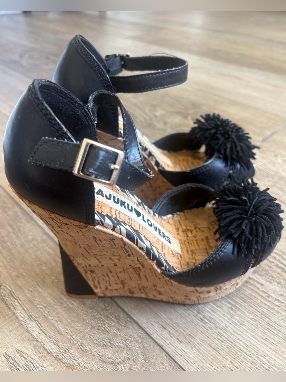 Harajuku Lovers Gwen Stefani Black Cork Platform Wedges w Black Leather Pom Poms